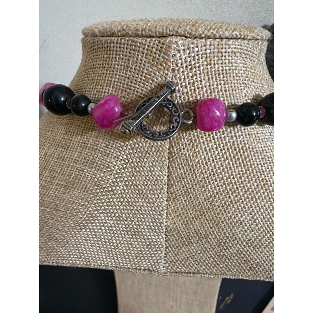 Pink Black Beaded Statement Necklace Silver Tone Toggle Clasp‎ Y2k